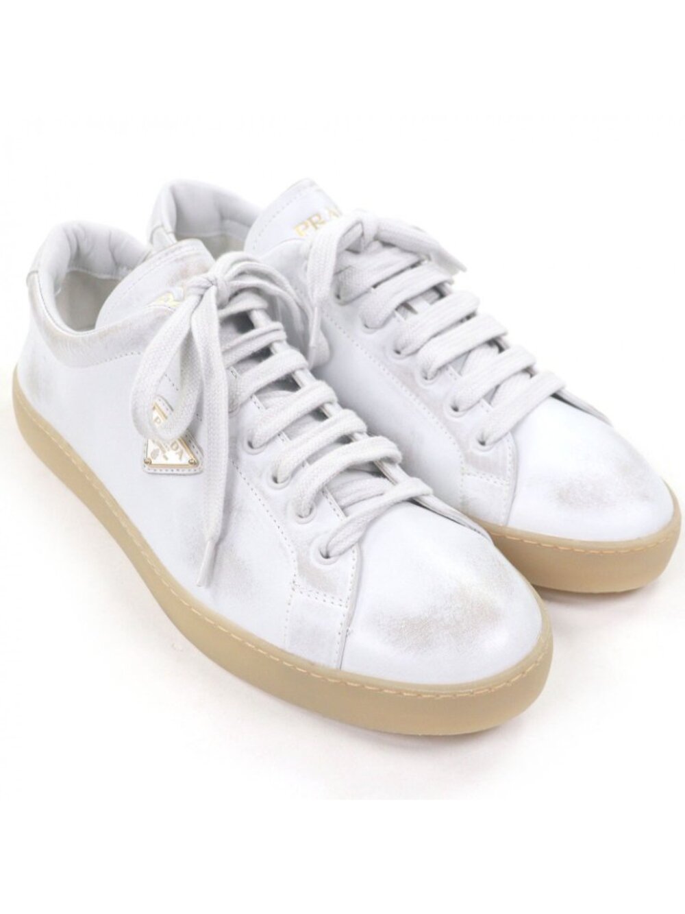 Prada Triangle Logo Distressed Low Cut Sneakers Leather Shoes White 7.5 - Picture 3 of 9